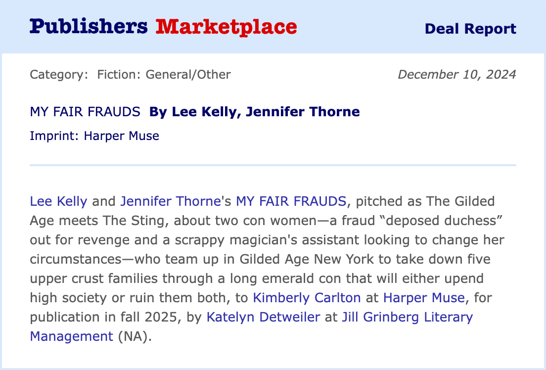 Deal Announcement MY FAIR FRAUDS by Lee Kelly & Jennifer Thorne Jill